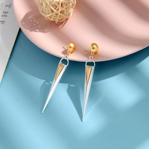 Retro Silver & Gold Long Pointed Drop Earrings - Picture 1 of 9